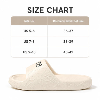 Josh & Tate - SoftBear™ Non-Slip Cushion Slides - Size chart graphic showing a cream-colored embossed slide sandal below a size conversion table with US sizes and recommended foot sizes.