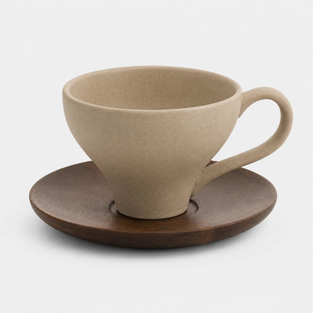 Josh & Tate - SoftPour™ Retro Ceramic Latte Cup - A beige ceramic coffee cup with a matching wooden saucer, photographed on a clean white background.