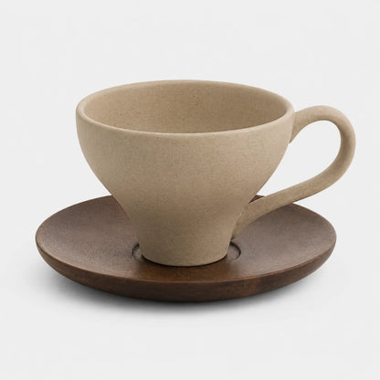 Josh & Tate - SoftPour™ Retro Ceramic Latte Cup - A beige ceramic coffee cup with a matching wooden saucer, photographed on a clean white background.