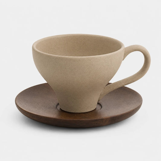 Josh & Tate - SoftPour™ Retro Ceramic Latte Cup - A beige ceramic coffee cup with a matching wooden saucer, photographed on a clean white background.