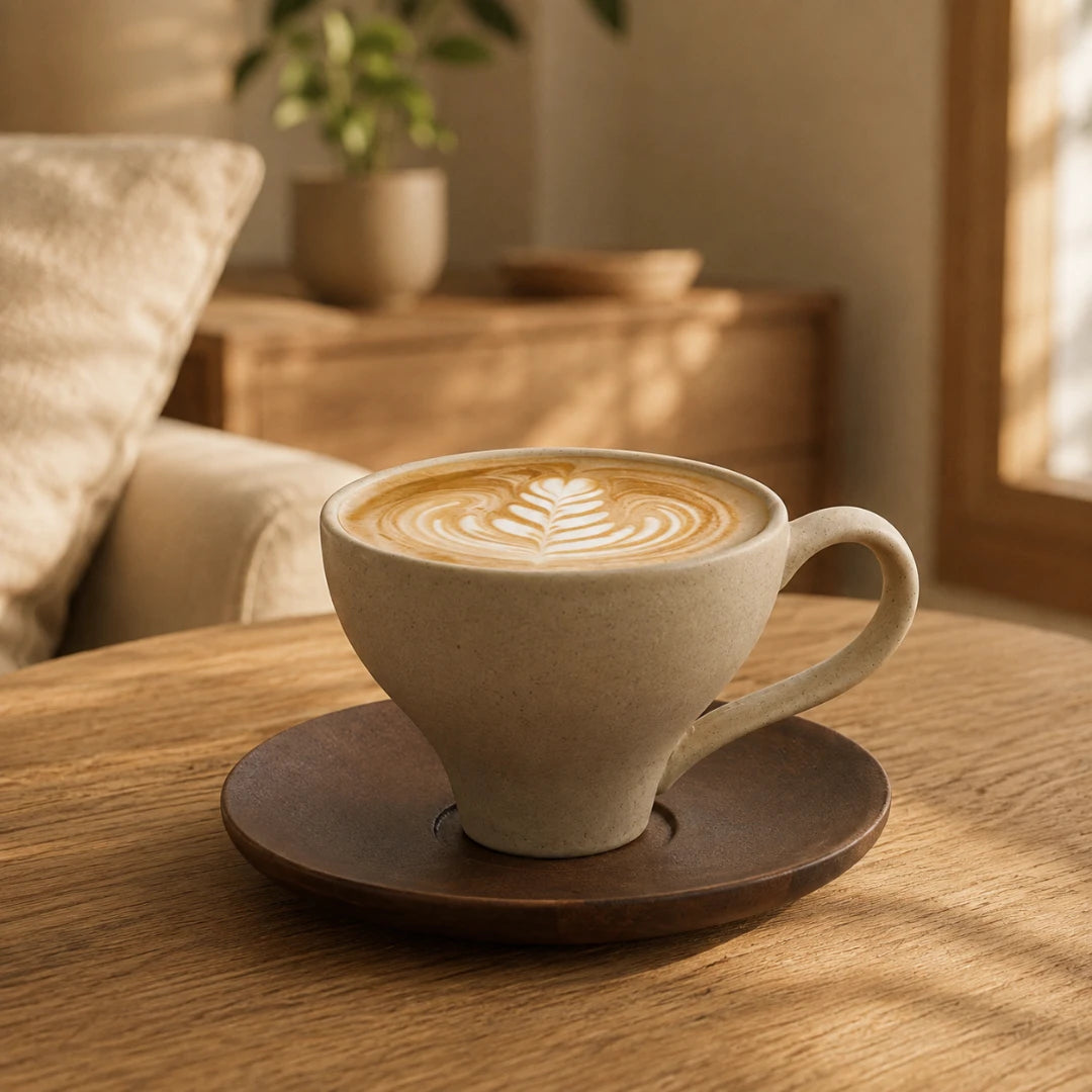Josh & Tate - SoftPour™ Retro Ceramic Latte Cup - A beige ceramic coffee cup with latte art sits on a dark brown wooden saucer on a wooden table in a warm, softly lit cafe setting.