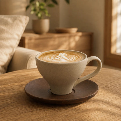 Josh & Tate - SoftPour™ Retro Ceramic Latte Cup - A beige ceramic coffee cup with latte art sits on a dark brown wooden saucer on a wooden table in a warm, softly lit cafe setting.