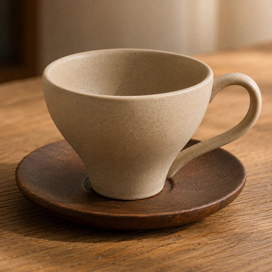 Josh & Tate - SoftPour™ Retro Ceramic Latte Cup - A beige speckled ceramic coffee cup with a matching wooden saucer, set on a rustic wooden table.