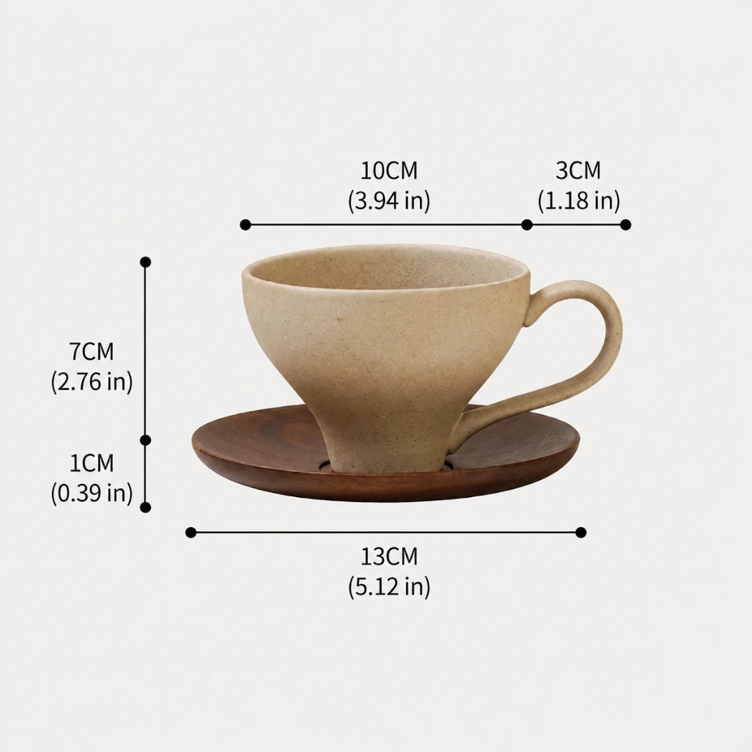 Josh & Tate - SoftPour™ Retro Ceramic Latte Cup - A beige ceramic coffee cup with a matching dark brown saucer on a light gray background, overlaid with dimension lines and text showing measurements of 13CM, 10CM, 3CM, 7CM, and 1CM.