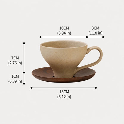 Josh & Tate - SoftPour™ Retro Ceramic Latte Cup - A beige ceramic coffee cup with a matching dark brown saucer on a light gray background, overlaid with dimension lines and text showing measurements of 13CM, 10CM, 3CM, 7CM, and 1CM.