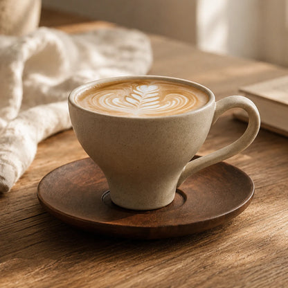 Josh & Tate - SoftPour™ Retro Ceramic Latte Cup - A beige ceramic coffee cup with latte art sits on a round wooden saucer on a warm wooden table, with a soft white cloth and a book in the background.