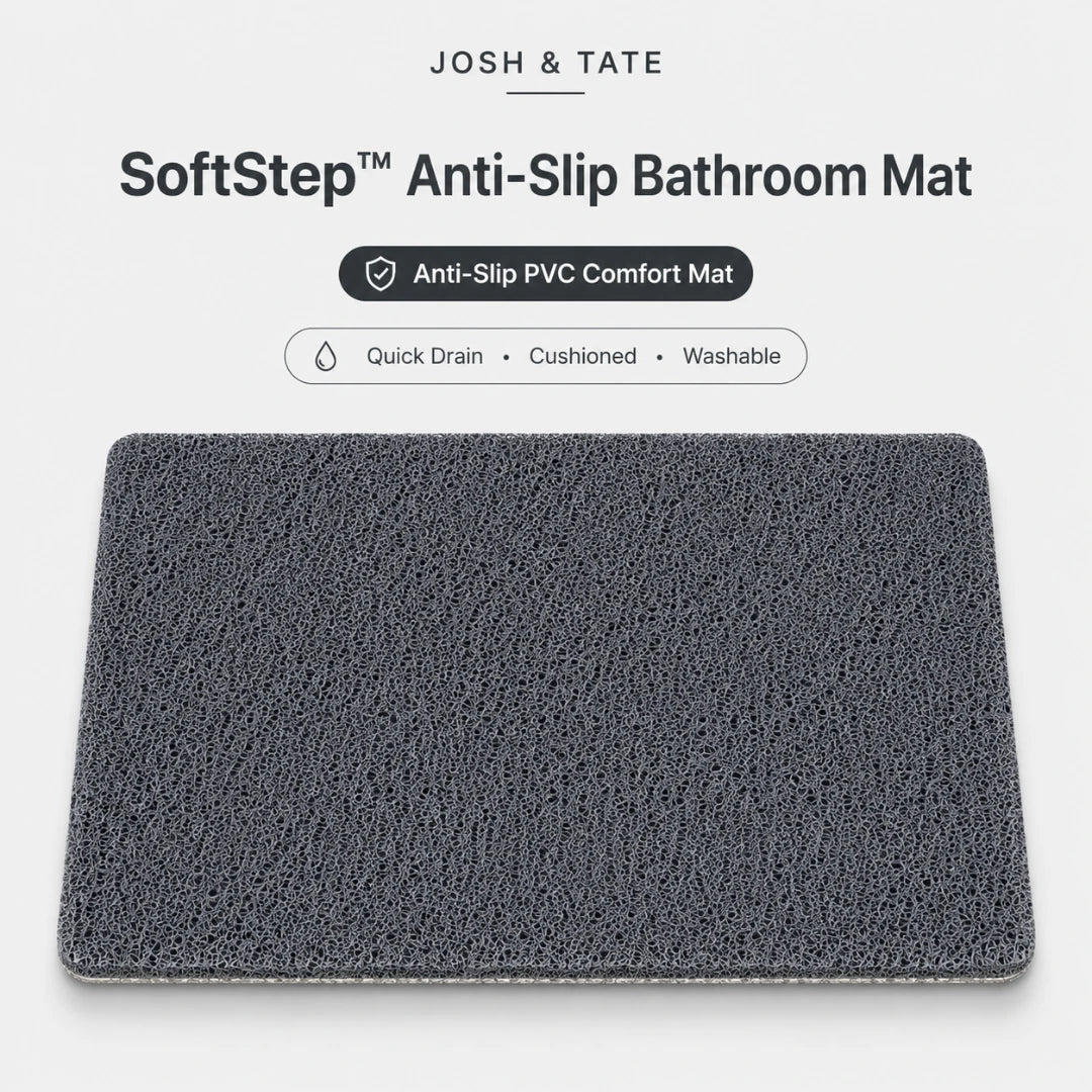 Josh & Tate - SoftStep™ Anti-Slip Bath Mat -  Gray SoftStep Anti-Slip Bathroom Mat with Josh & Tate branding on a white background