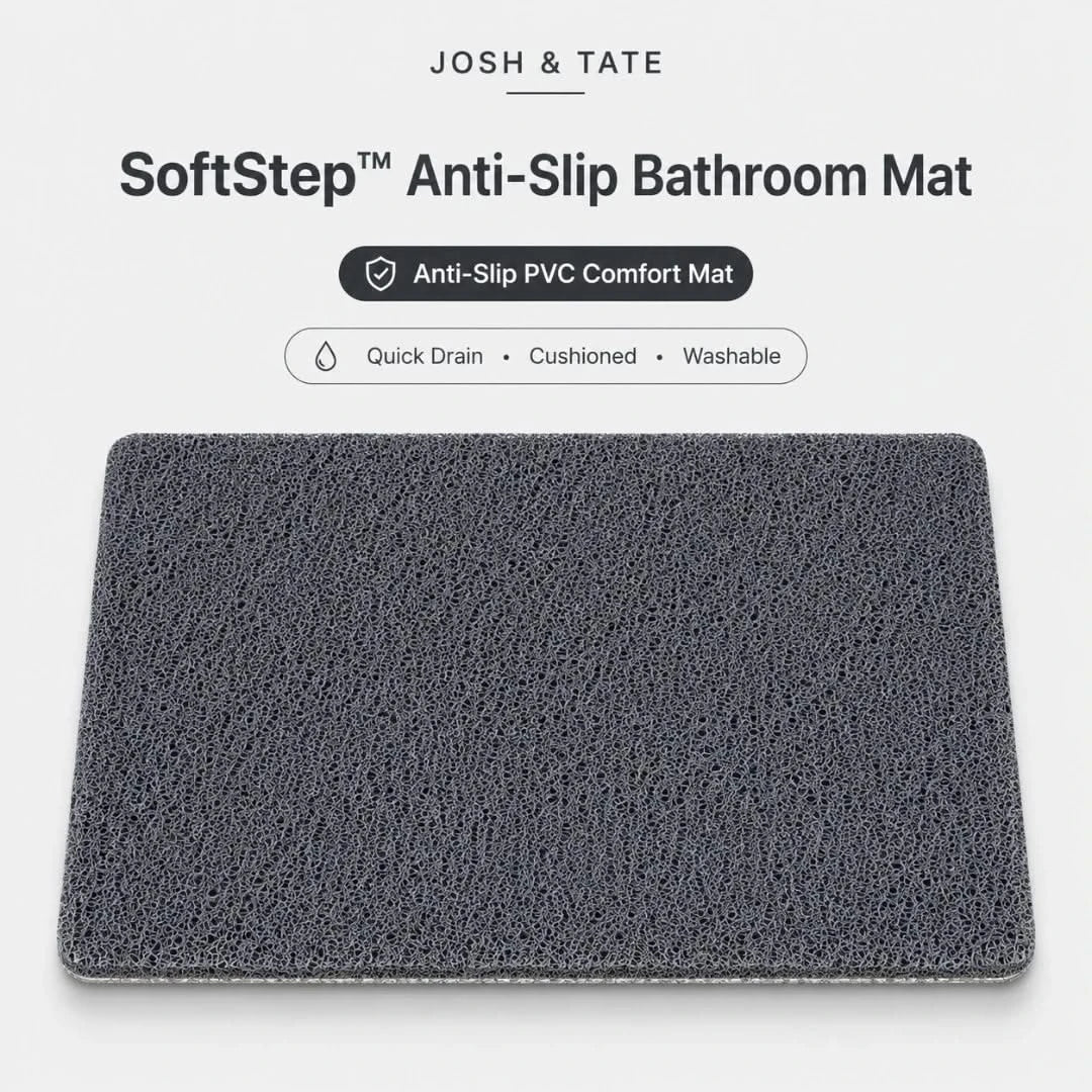 Josh & Tate - SoftStep™ Anti-Slip Bath Mat -  Gray SoftStep Anti-Slip Bathroom Mat with Josh & Tate branding on a white background