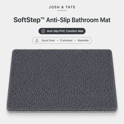 Josh & Tate - SoftStep™ Anti-Slip Bath Mat -  Gray SoftStep Anti-Slip Bathroom Mat with Josh & Tate branding on a white background