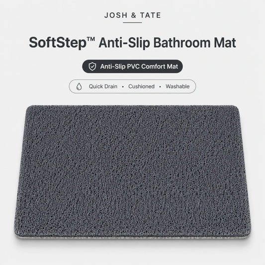 Josh & Tate - SoftStep™ Anti-Slip Bath Mat -  Gray SoftStep Anti-Slip Bathroom Mat with Josh & Tate branding on a white background