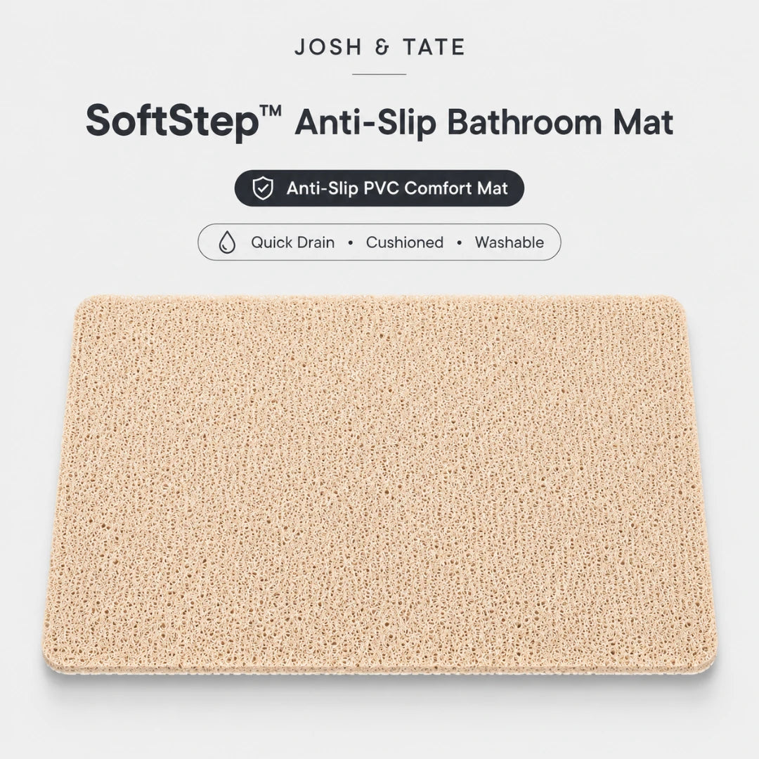 Josh & Tate - SoftStep™ Anti-Slip Bath Mat - Beige anti-slip bathroom mat with 'Josh & Tate' branding on a white background