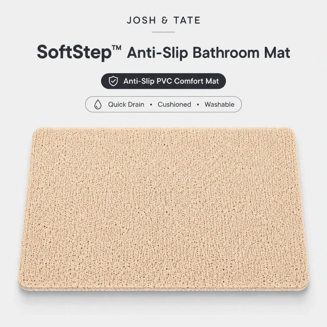 Josh & Tate - SoftStep™ Anti-Slip Bath Mat - Beige anti-slip bathroom mat with 'Josh & Tate' branding on a white background