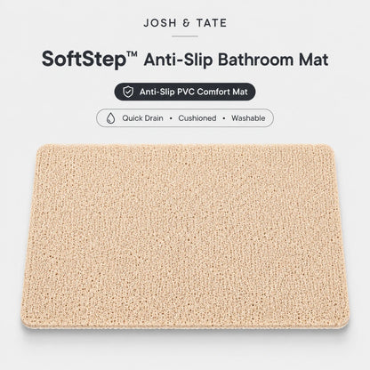 Josh & Tate - SoftStep™ Anti-Slip Bath Mat - Beige anti-slip bathroom mat with 'Josh & Tate' branding on a white background