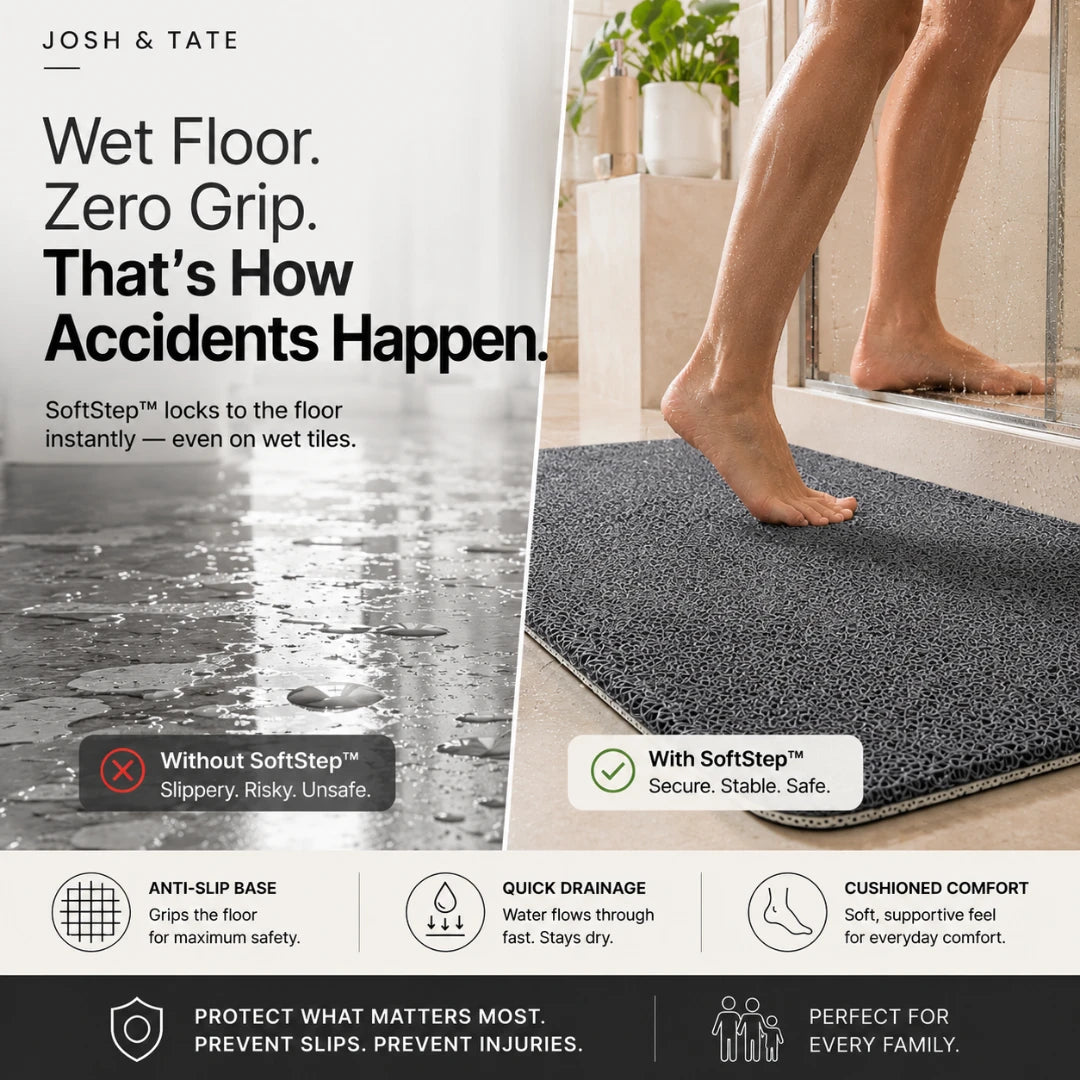 Josh & Tate - SoftStep™ Anti-Slip Bath Mat - Advertisement for a wet floor mat with text and images of a person stepping onto the mat.