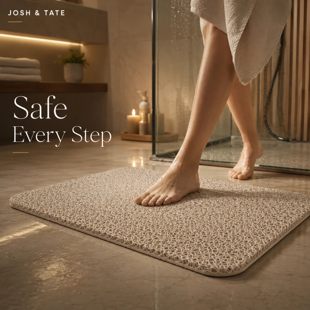 Josh & Tate - SoftStep™ Anti-Slip Bath Mat - Person stepping onto a textured bath mat with 'Safe Every Step' text and 'Josh & Tate' branding.
