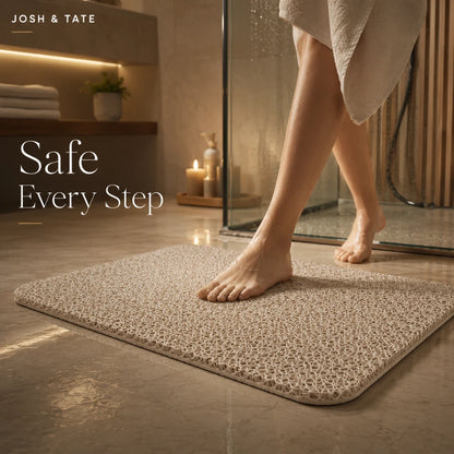 Josh & Tate - SoftStep™ Anti-Slip Bath Mat - Person stepping onto a textured bath mat with 'Safe Every Step' text and 'Josh & Tate' branding.