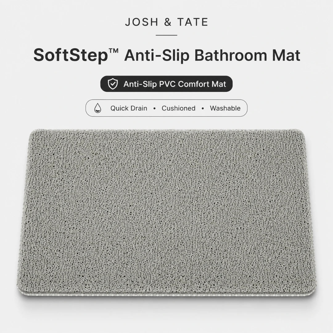Josh & Tate - SoftStep™ Anti-Slip Bath Mat - Gray anti-slip bathroom mat with 'Josh & Tate' branding on a white background