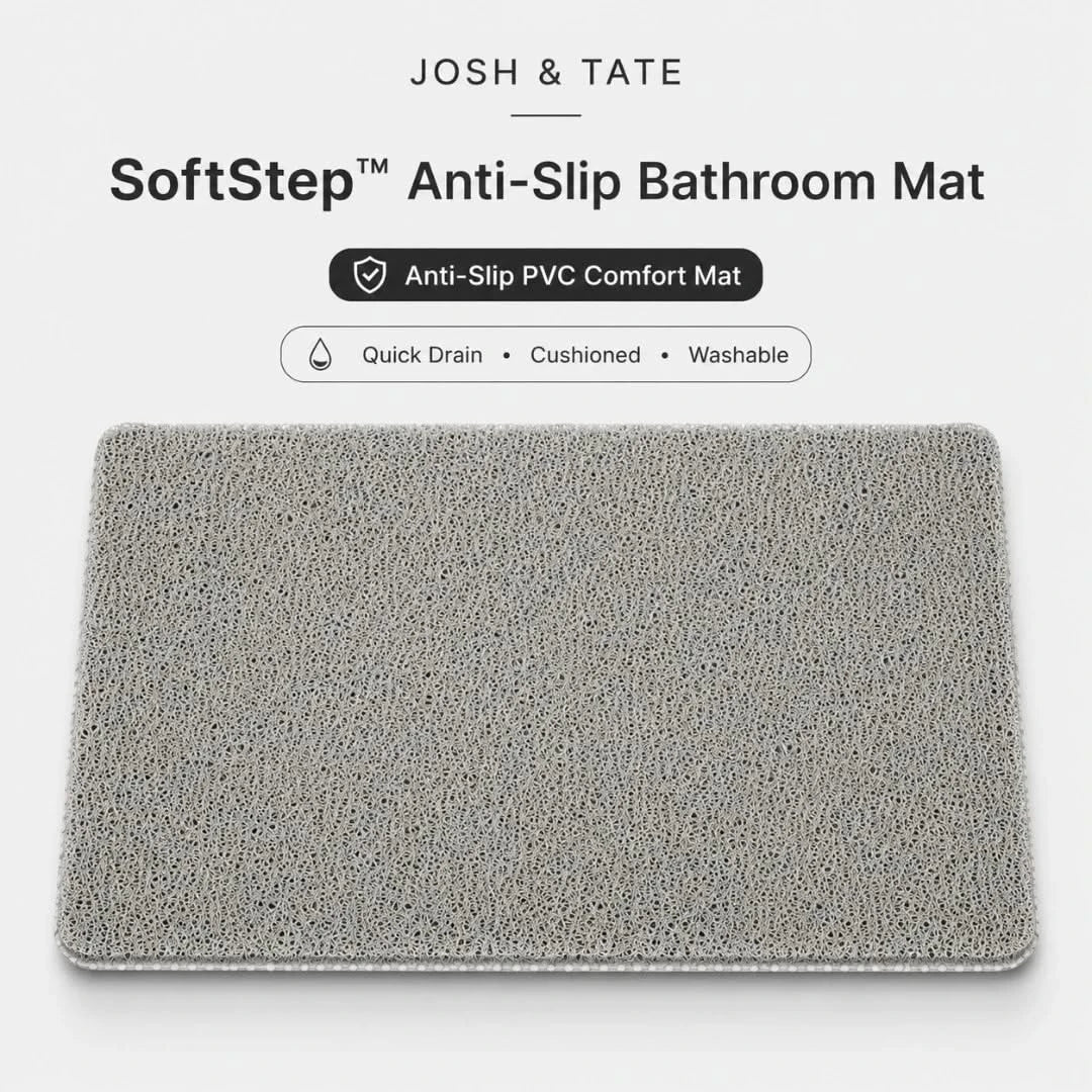 Josh & Tate - SoftStep™ Anti-Slip Bath Mat - Gray anti-slip bathroom mat with 'Josh & Tate' branding on a white background