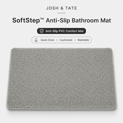 Josh & Tate - SoftStep™ Anti-Slip Bath Mat - Gray anti-slip bathroom mat with 'Josh & Tate' branding on a white background