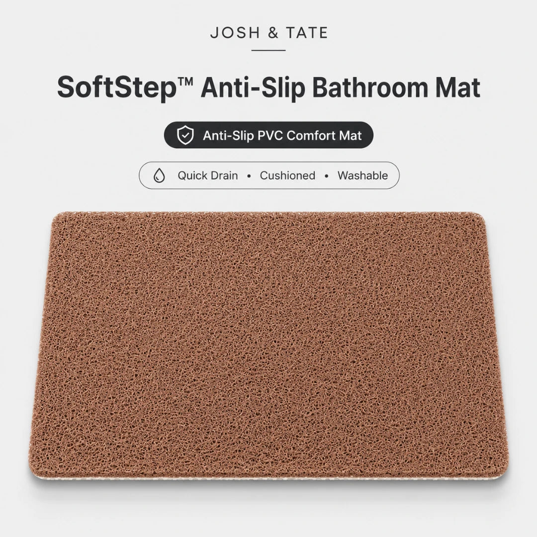 Josh & Tate - SoftStep™ Anti-Slip Bath Mat - Brown anti-slip bathroom mat with 'Josh & Tate' branding on a white background