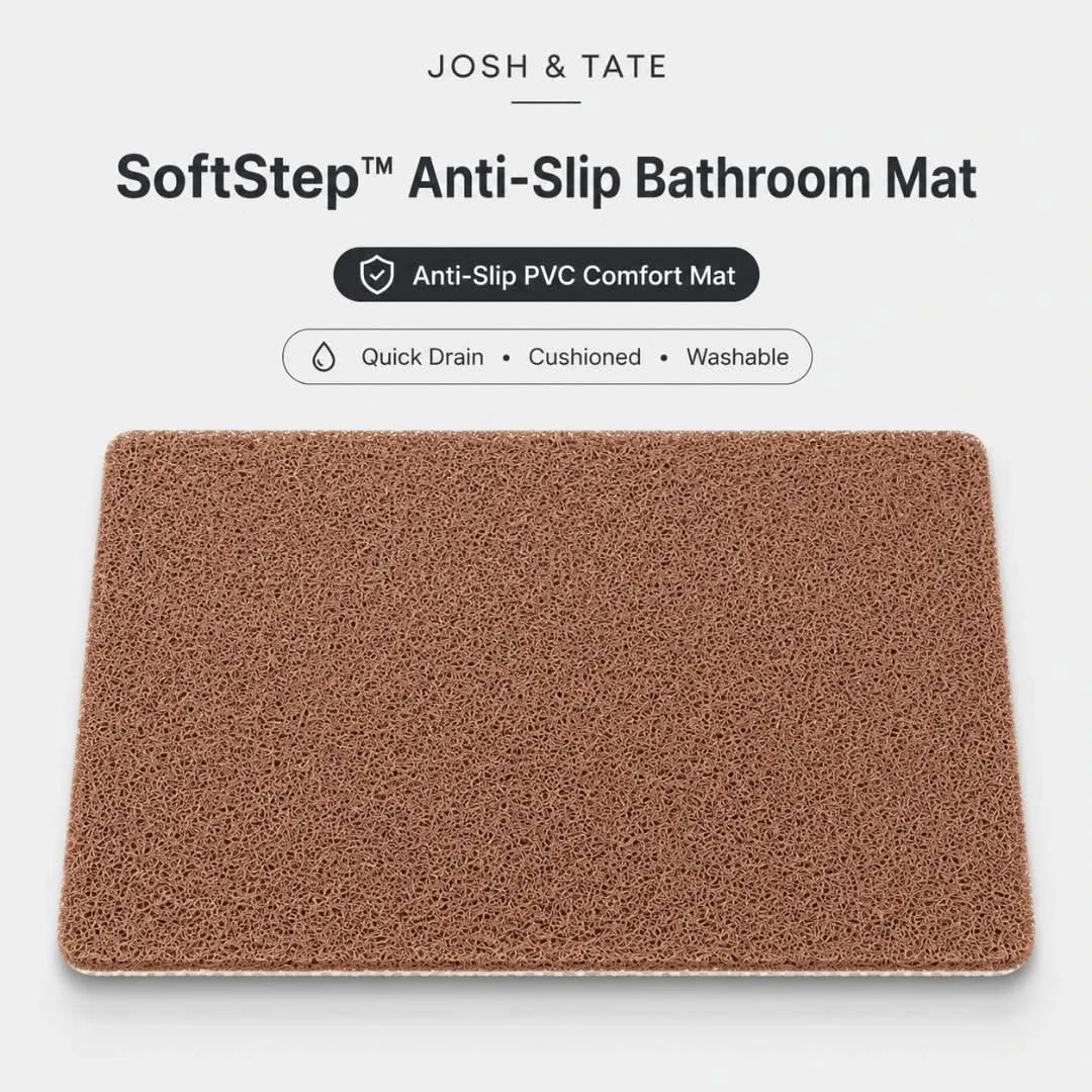Josh & Tate - SoftStep™ Anti-Slip Bath Mat - Brown anti-slip bathroom mat with 'Josh & Tate' branding on a white background