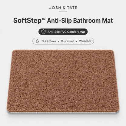 Josh & Tate - SoftStep™ Anti-Slip Bath Mat - Brown anti-slip bathroom mat with 'Josh & Tate' branding on a white background