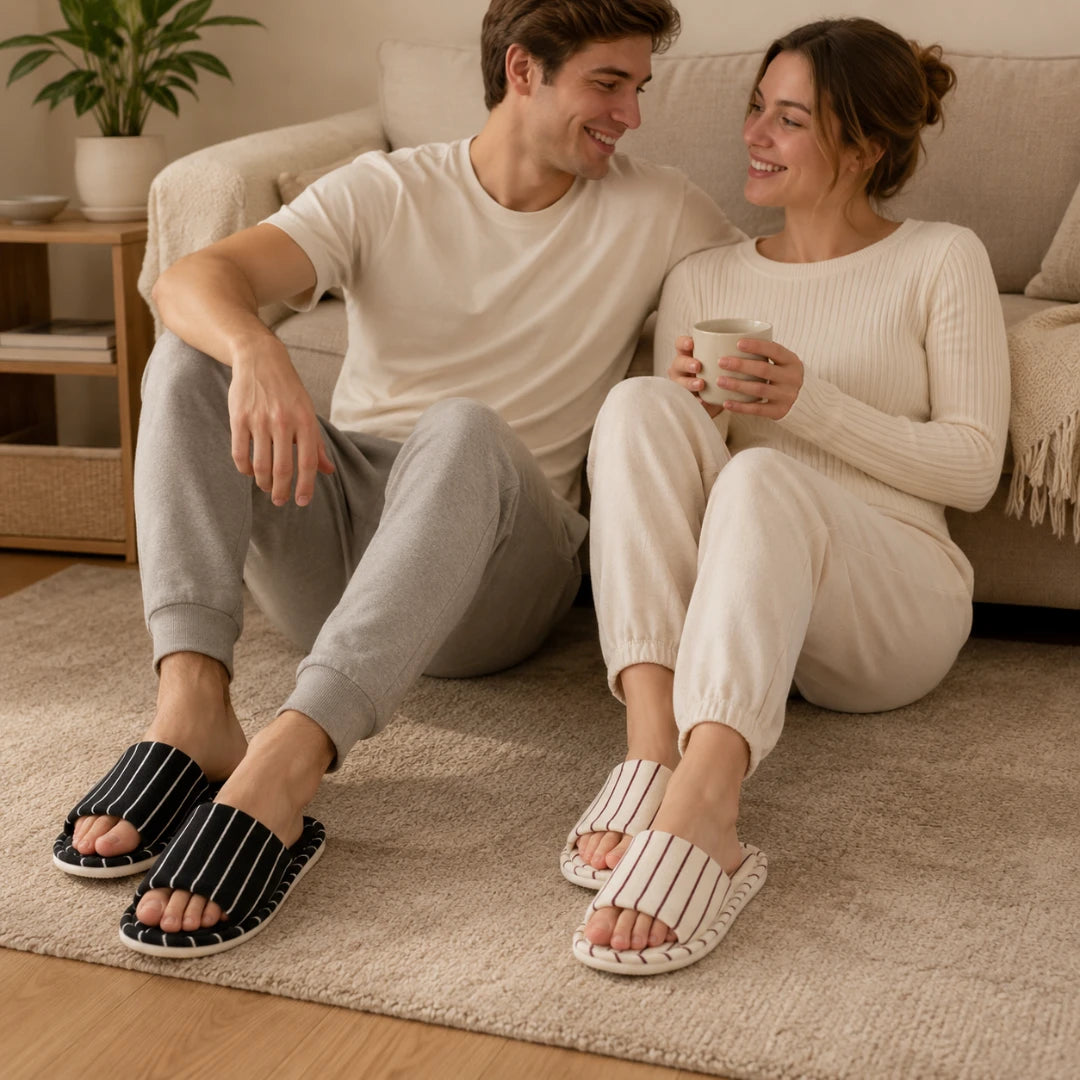 Josh & Tate - SoftStripe™ Cozy Home Slippers - A man and a woman sitting on a beige sofa in a cozy living room, wearing matching cream-colored ribbed long-sleeve tops and jogger pants. The man wears black slip-on slippers with white stripes, and the woman wears white slip-on slippers with thin black stripes.