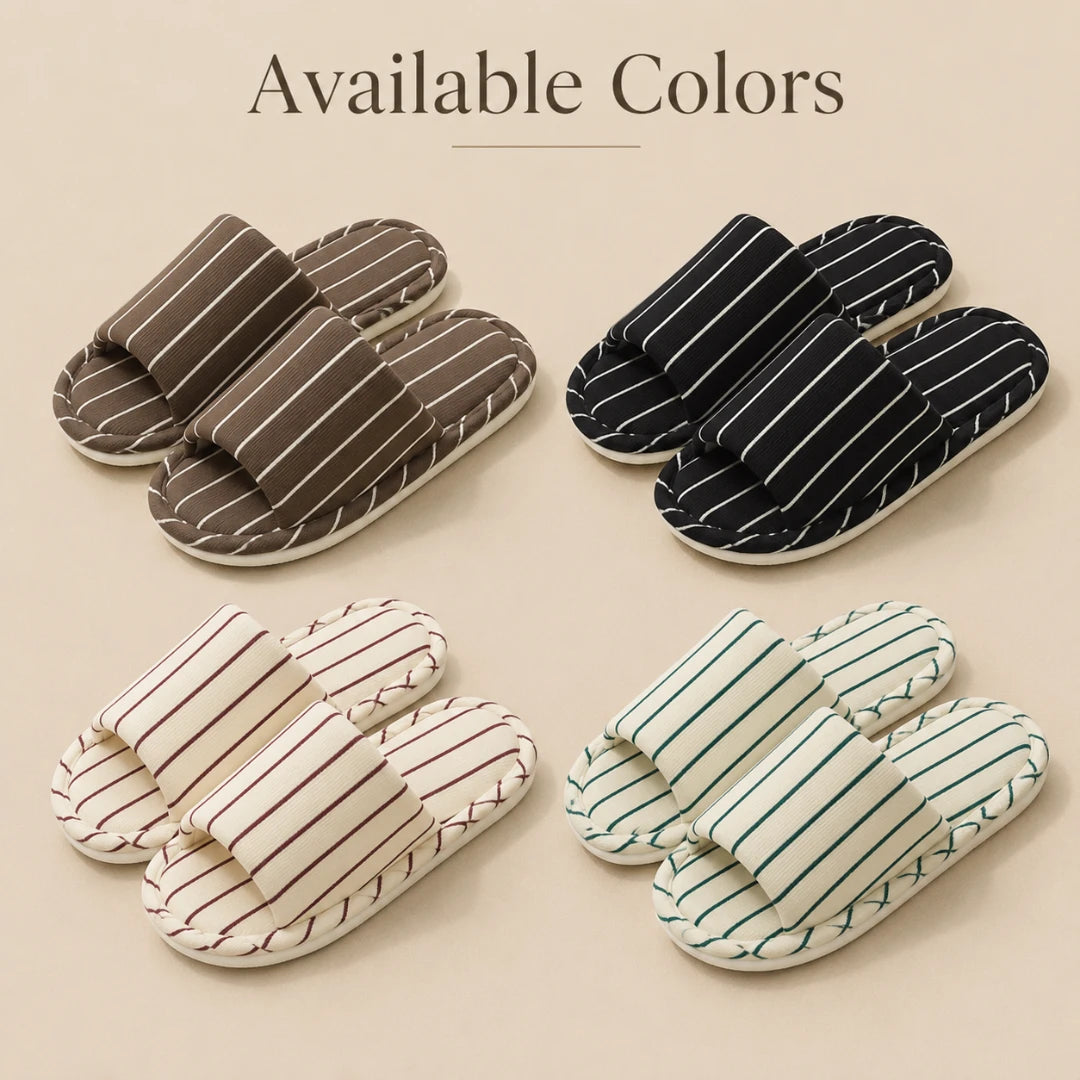 Josh & Tate - SoftStripe™ Cozy Home Slippers - Four pairs of slip-on slide slippers arranged in a 2x2 grid on a warm beige background, with the text 'Available Colors' at the top. The slippers have striped uppers: brown with white stripes, black with white stripes, cream with brown stripes, and cream with green stripes.