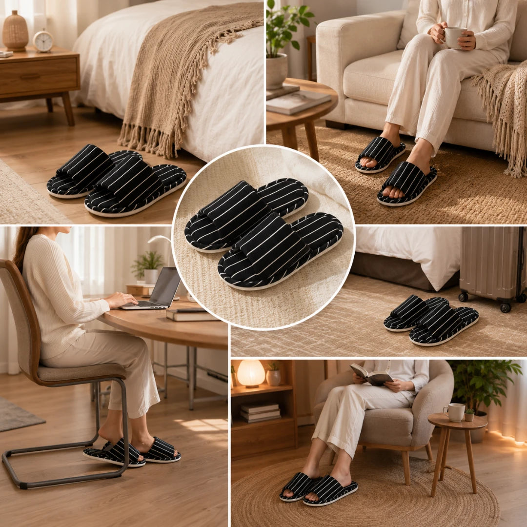 Josh & Tate - SoftStripe™ Cozy Home Slippers - A collage showing a person wearing black-and-white striped indoor slippers in a living room, bedroom, and home office setting, with two additional views of the slippers placed on the floor. The slippers have a black base with thin white stripes and appear soft and comfortable.