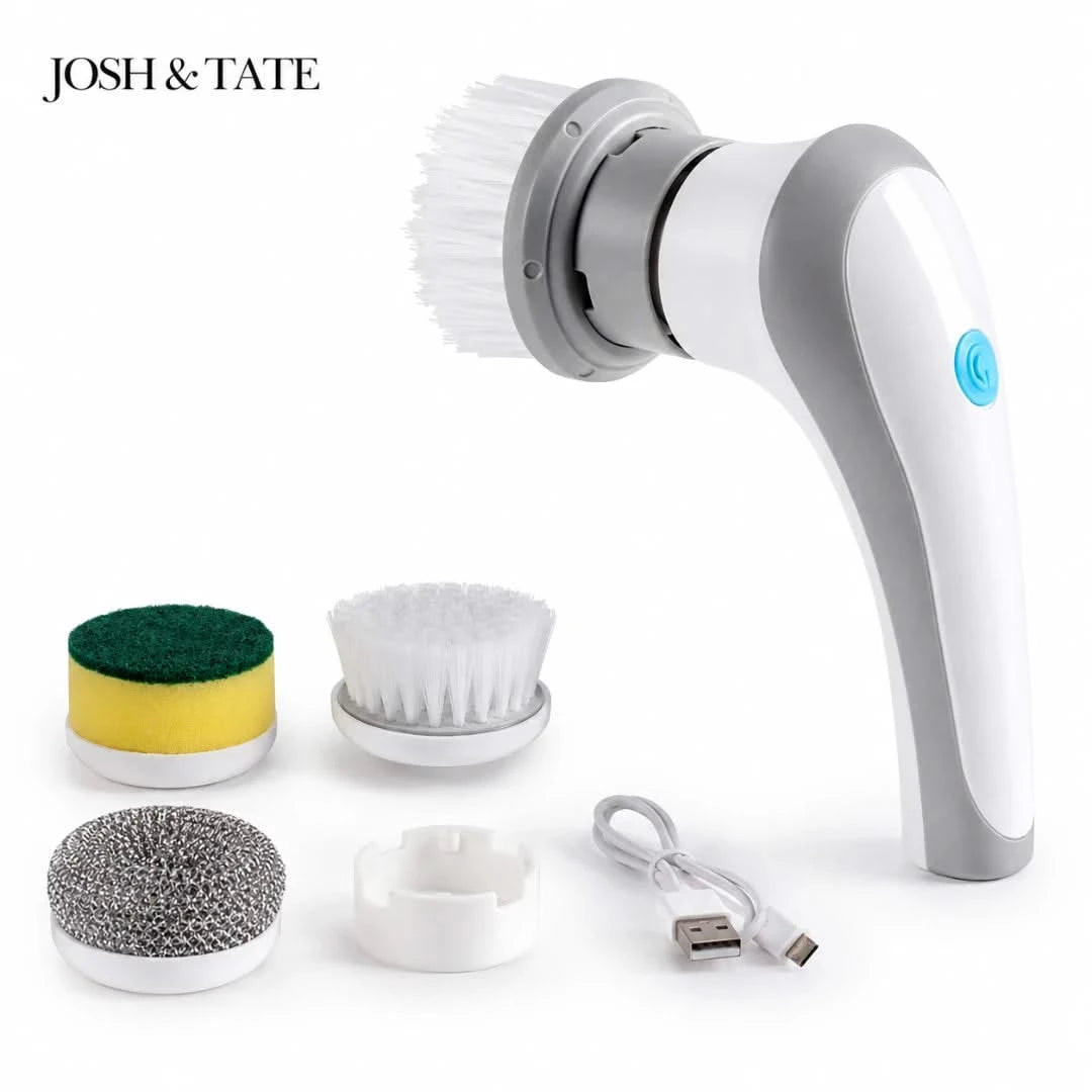 Josh & Tate - SpinScrub™ Cordless Electric Cleaning Brush - Grooming tool with attachments and charging cable on a white background, featuring the brand 'Josh & Tate'.