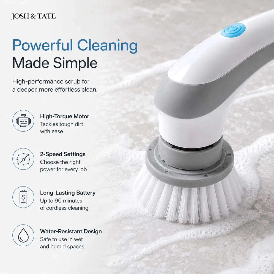 Josh & Tate - SpinScrub™ Cordless Electric Cleaning Brush -  cleaning brush with features listed on a white background