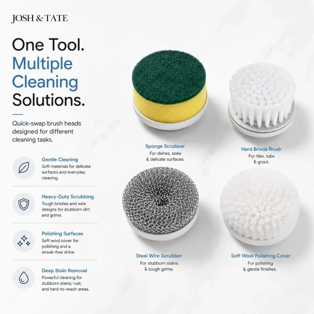 Josh & Tate - SpinScrub™ Cordless Electric Cleaning Brush - Cleaning tool with interchangeable heads on a white background, featuring the brand 'Josh & Tate'.