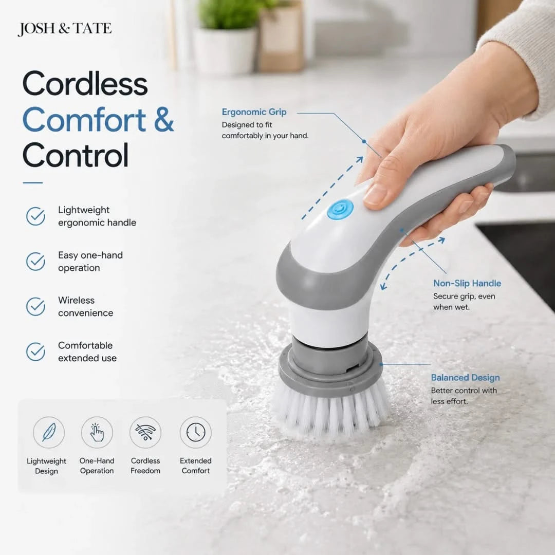 Josh & Tate -SpinScrub™ Cordless Electric Cleaning Brush - cordless cleaning brush with text highlighting features on a kitchen sink background