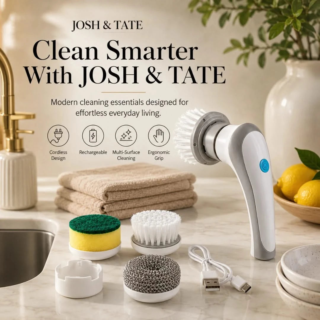 Josh & Tate - SpinScrub™ Cordless Electric Cleaning Brush - Cleaning tool set with various attachments on a kitchen counter, featuring Josh & Tate branding.
