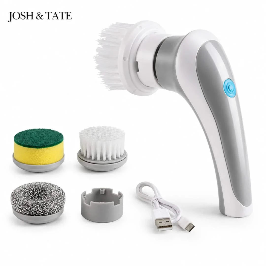 Josh & Tate - SpinScrub™ Cordless Electric Cleaning Brush - Gentle massage device with attachments and USB cable on a white background, branded 'Josh & Tate'.
