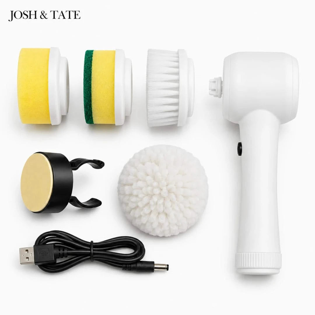 Josh & Tate - SpinScrub™ Cordless Electric Cleaning Brush - Set of cleaning brushes and attachments with USB cable on a white background, featuring the brand 'Josh & Tate'.