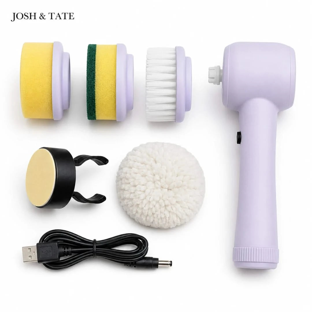 Josh & Tate - SpinScrub™ Cordless Electric Cleaning Brush - Multifunctional cleaning tool with various attachments on a white background, featuring the brand 'Josh & Tate'.