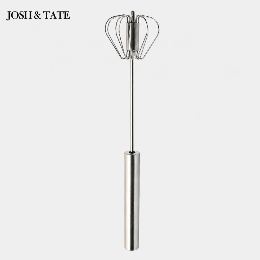Josh & Tate - SpinWhisk™ Self-Rotating Hand Whisk - Metal whisk with balloon ends on a white background, branded 'Josh & Tate'.