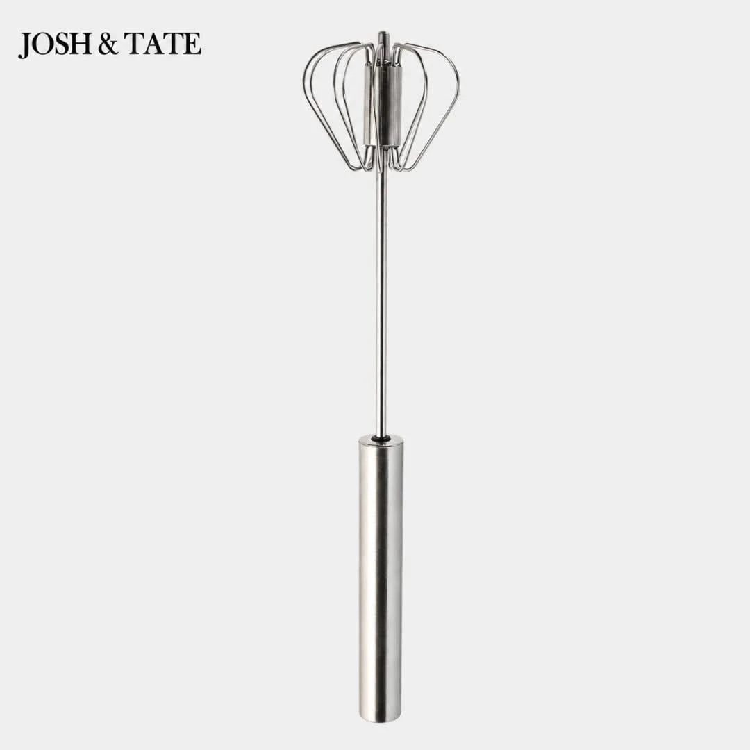 Josh & Tate - SpinWhisk™ Self-Rotating Hand Whisk - Metal whisk with balloon ends on a white background, branded 'Josh & Tate'.