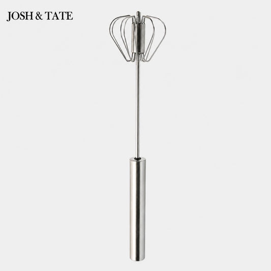 Josh & Tate - SpinWhisk™ Self-Rotating Hand Whisk - Metal whisk with balloon ends on a white background, branded 'Josh & Tate'.