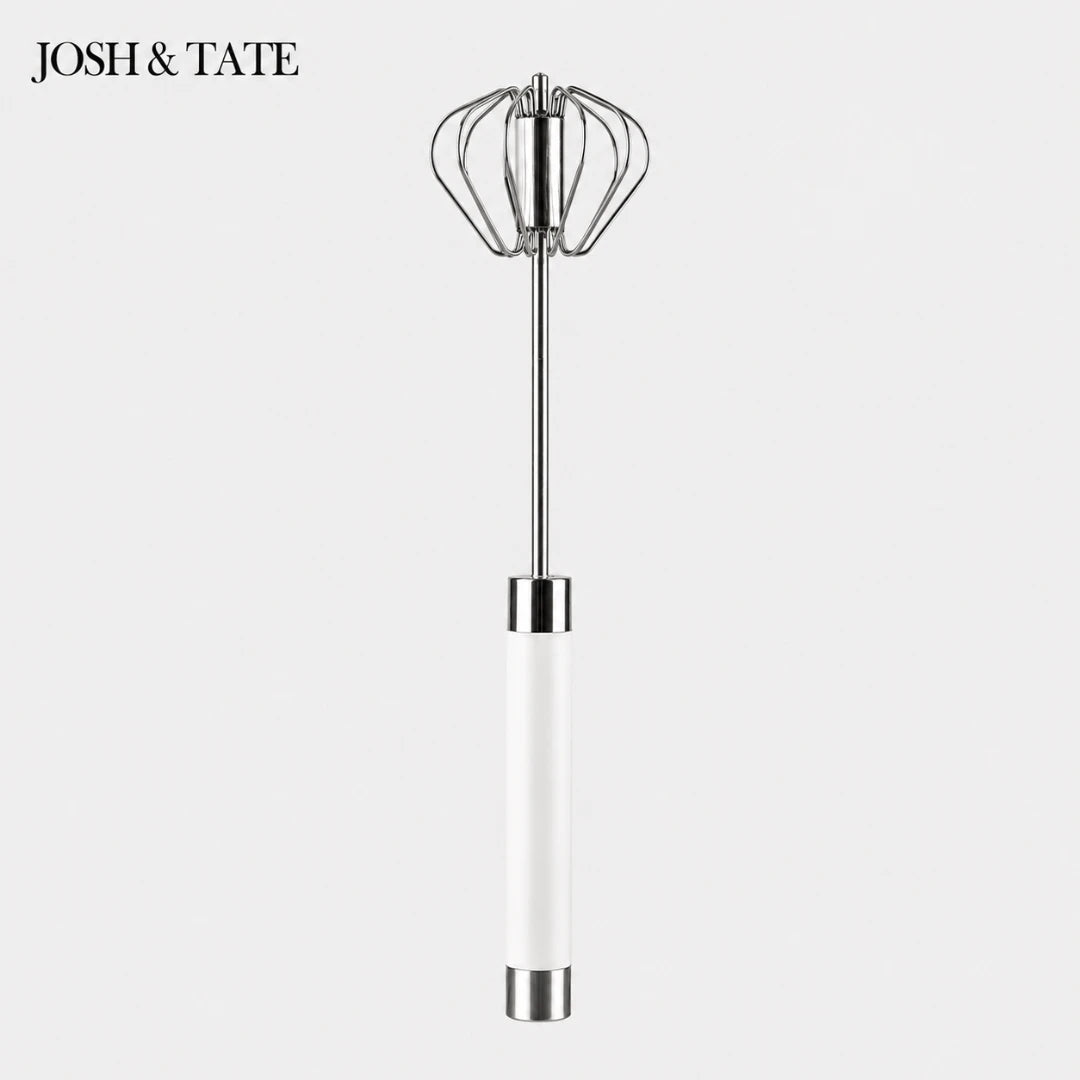 Josh & Tate - SpinWhisk™ Self-Rotating Hand Whisk - Metallic kitchen whisk on a white background with 'Josh & Tate' branding.