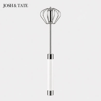 Josh & Tate - SpinWhisk™ Self-Rotating Hand Whisk - Metallic kitchen whisk on a white background with 'Josh & Tate' branding.
