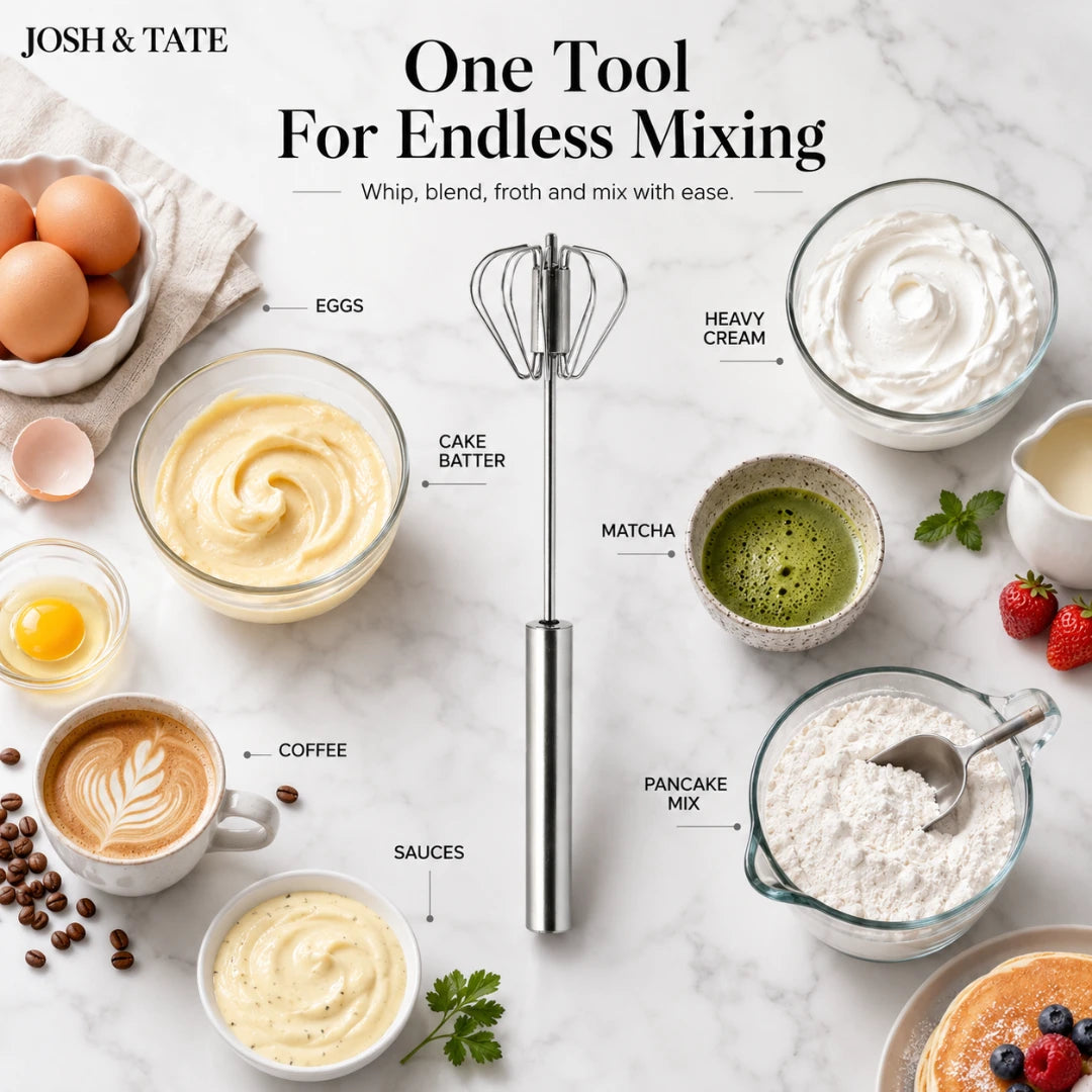 Josh & Tate - SpinWhisk™ Self-Rotating Hand Whisk - Kitchen whisk surrounded by various ingredients and prepared dishes on a marble surface.