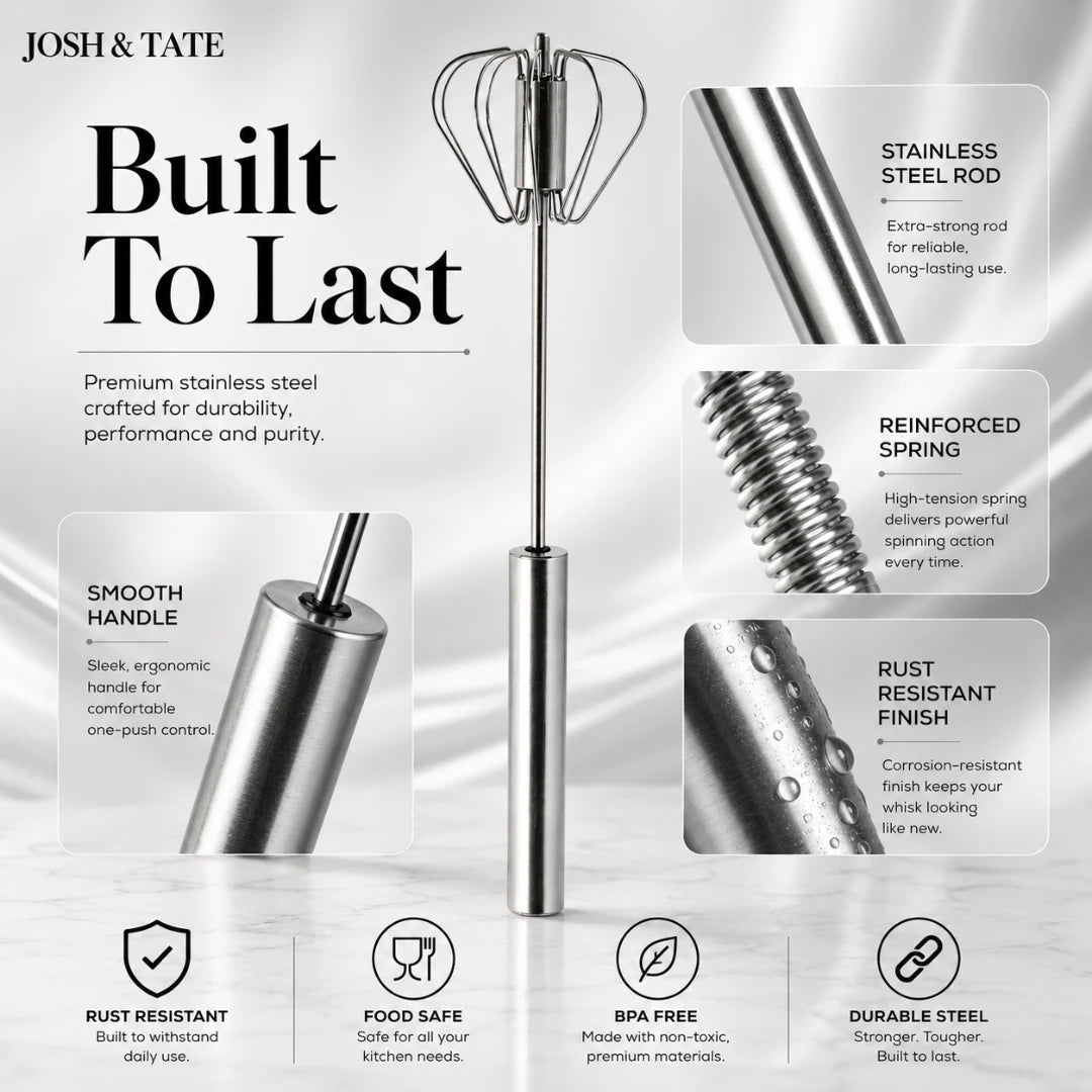 Josh & Tate - SpinWhisk™ Self-Rotating Hand Whisk - Stainless steel whisk with features highlighted on a gray background