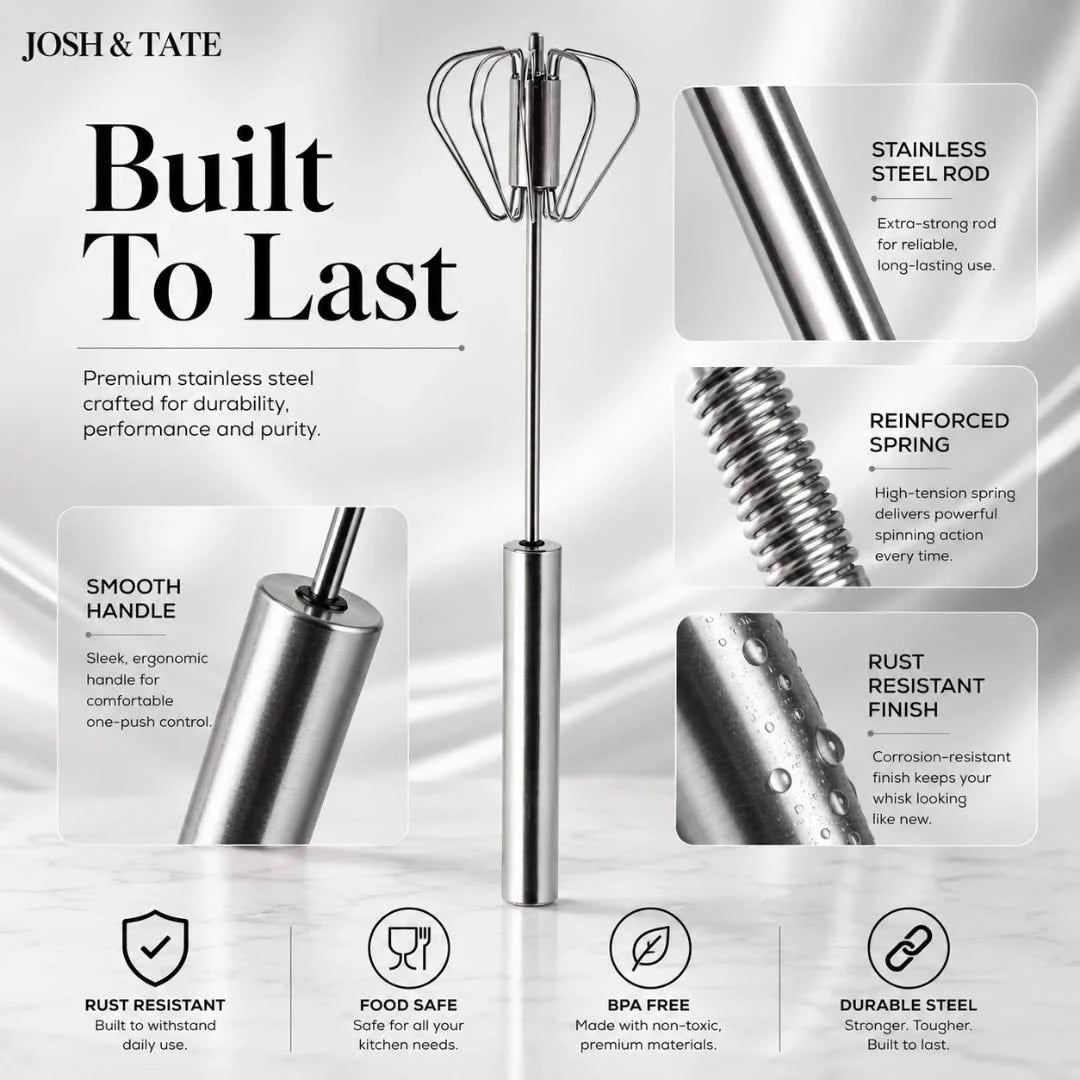 Josh & Tate - SpinWhisk™ Self-Rotating Hand Whisk - Stainless steel whisk with features highlighted on a gray background