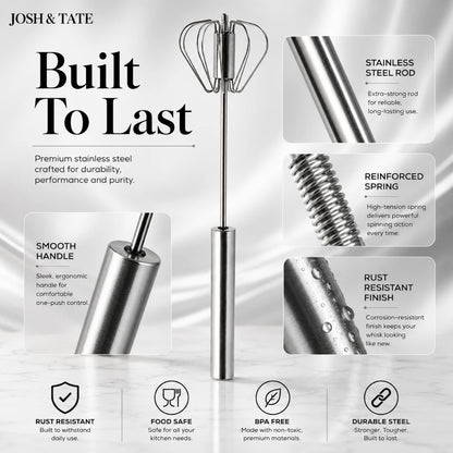 Josh & Tate - SpinWhisk™ Self-Rotating Hand Whisk - Stainless steel whisk with features highlighted on a gray background