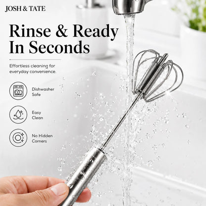 Josh & Tate - SpinWhisk™ Self-Rotating Hand Whisk - Metal whisk being rinsed under running water with text about cleaning and features.