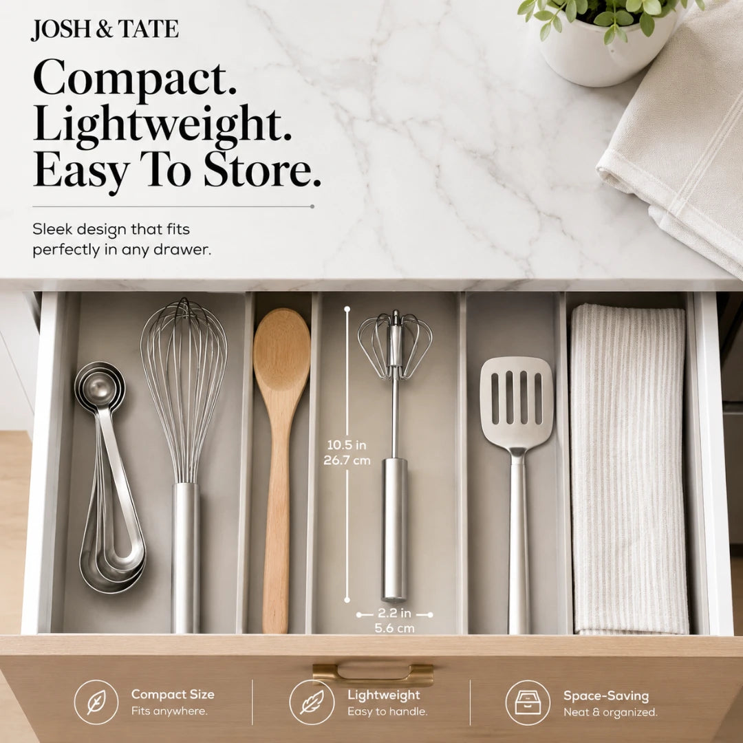 Josh & Tate - SpinWhisk™ Self-Rotating Hand Whisk - Kitchen utensils in a drawer with text highlighting compactness and ease of storage.