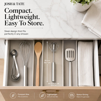 Josh & Tate - SpinWhisk™ Self-Rotating Hand Whisk - Kitchen utensils in a drawer with text highlighting compactness and ease of storage.