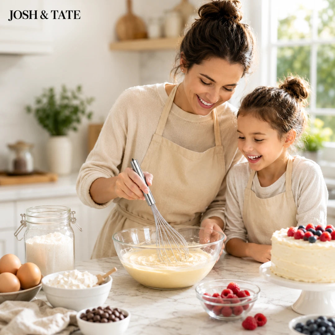 Josh & Tate - SpinWhisk™ Self-Rotating Hand Whisk - Woman and child baking together in a kitchen, with a cake and ingredients on the counter.